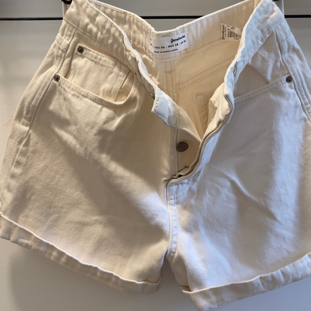 Stradivarius Cream Jean Shorts Distressed Cut-Off Style